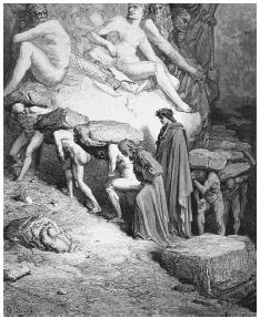 Aptly titled The Burden of Pride (1868), French printmaker Gustave Dorérecreated a scene from Dante